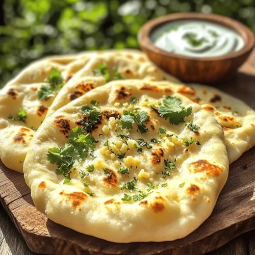 Fresh garlic naan bread with herbs.